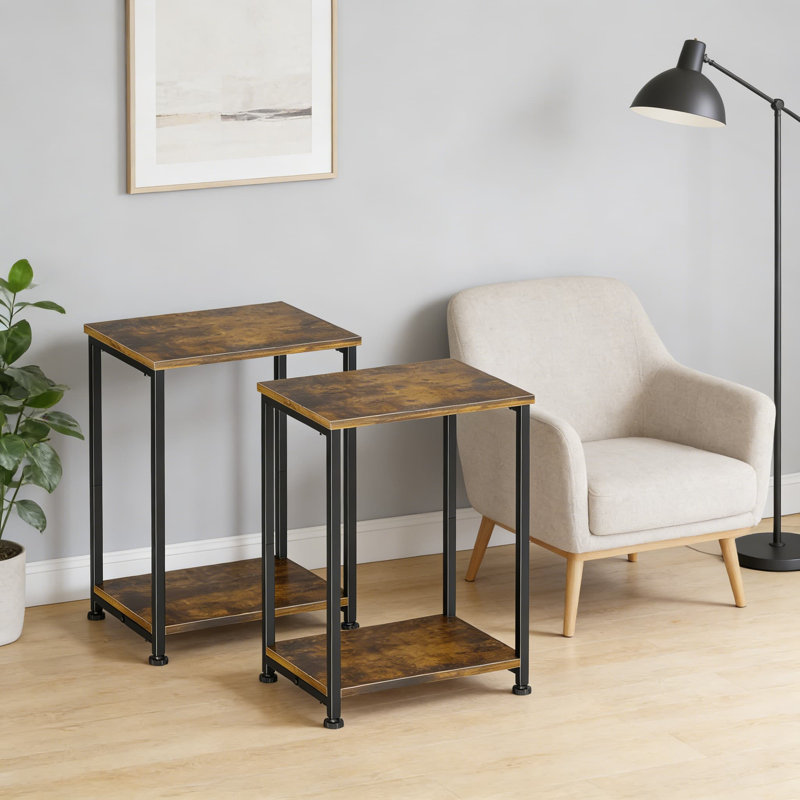 Set Of 2 End Tables Or Nightstands With Open Shelves, Minimalist Design For Small Spaces, Sturdy Metal Frame And Wood Top, Adjustable Feet For Stability