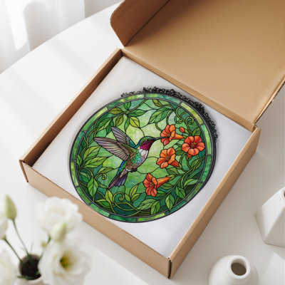 Hummingbird Flowers Stained Glass Window Panel，7.8H