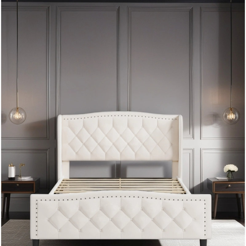 Lit tapissier moderne pour grand lit - plateforme en velours avec tête de lit à oreilles, insonorisé, sans sommier, facile à installer