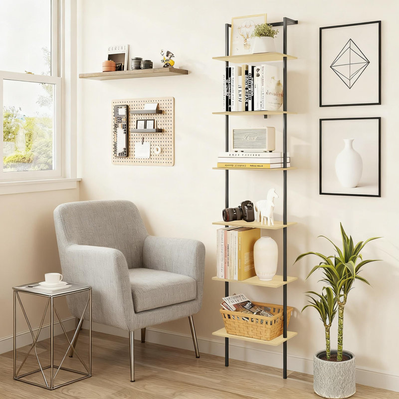6-Tier Ladder Shelf, Wall Mounted Bookshelf With Metal Frame And Wood Shelves, Tall Open Storage Rack For Home Office Bedroom Living Room