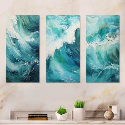 Ensemble de 3 décorations murales en métal Ocean Teal Wave Expression - Coastal Waves