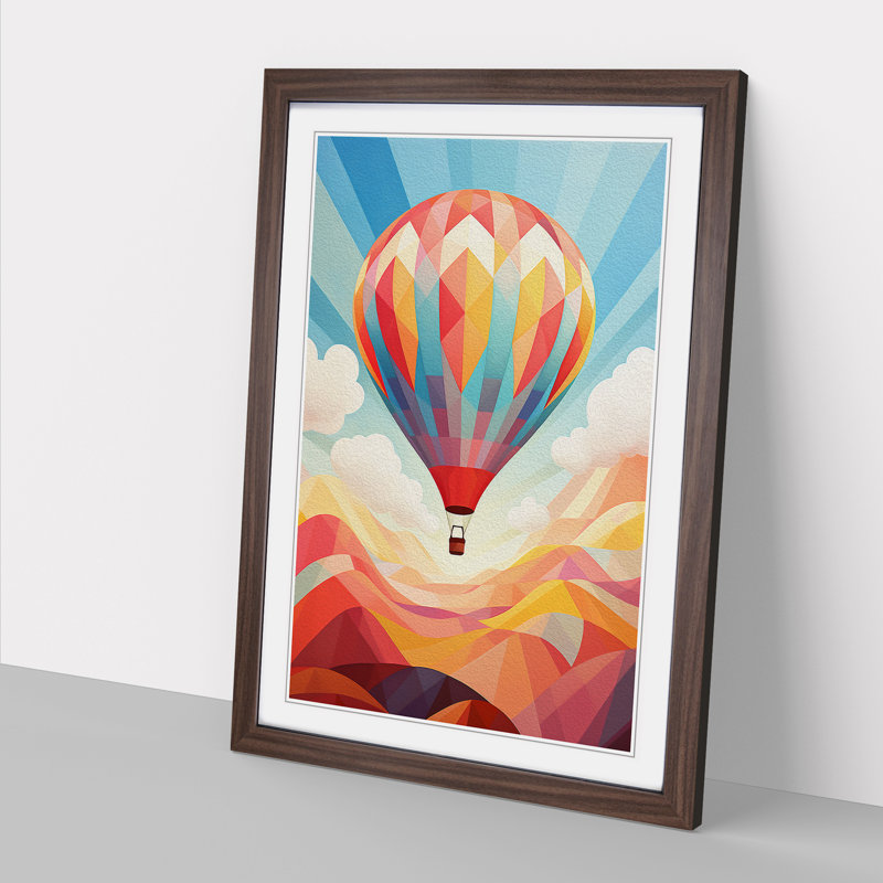Hot Air Balloon Geometric Art - Framed Print, 64cm H x 46cm W x 2cm D, Walnut Framed