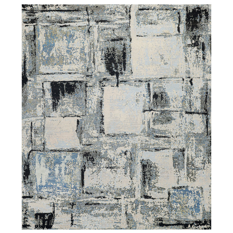 Handmade Silk and Wool Abstract Area Rug, Rectangle 8' x 10'