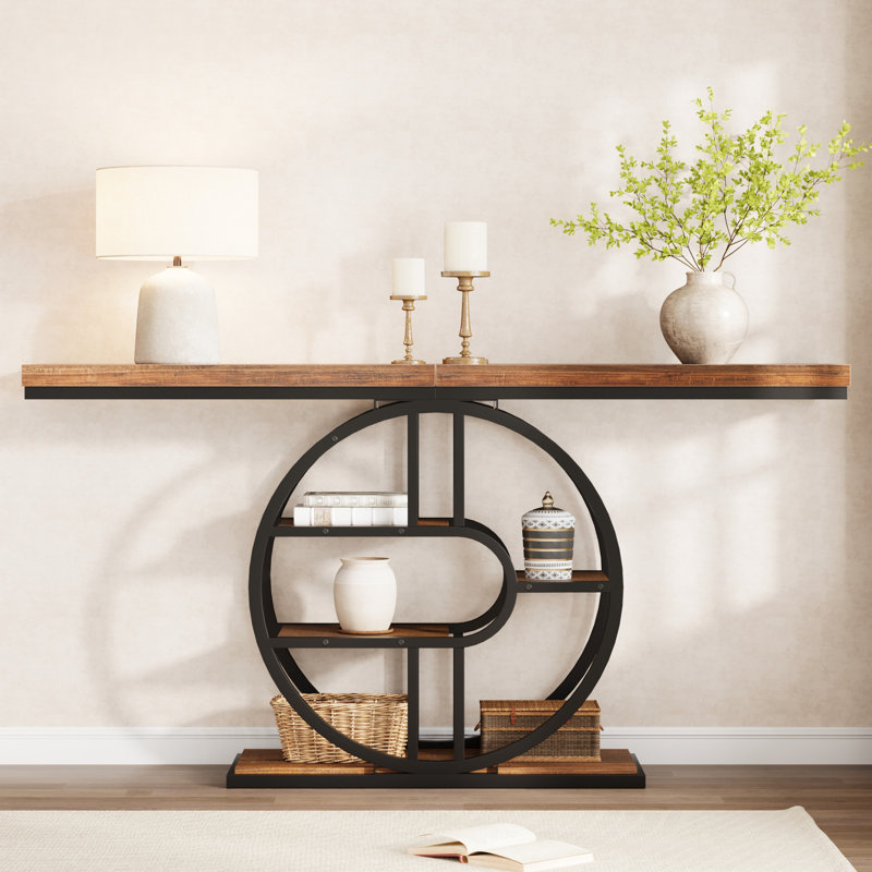 Industrial 55" Console Table | 5-Tier Entryway Sofa Table with Circle Storage Shelves & O-Shaped Metal Frame, Brown Wood