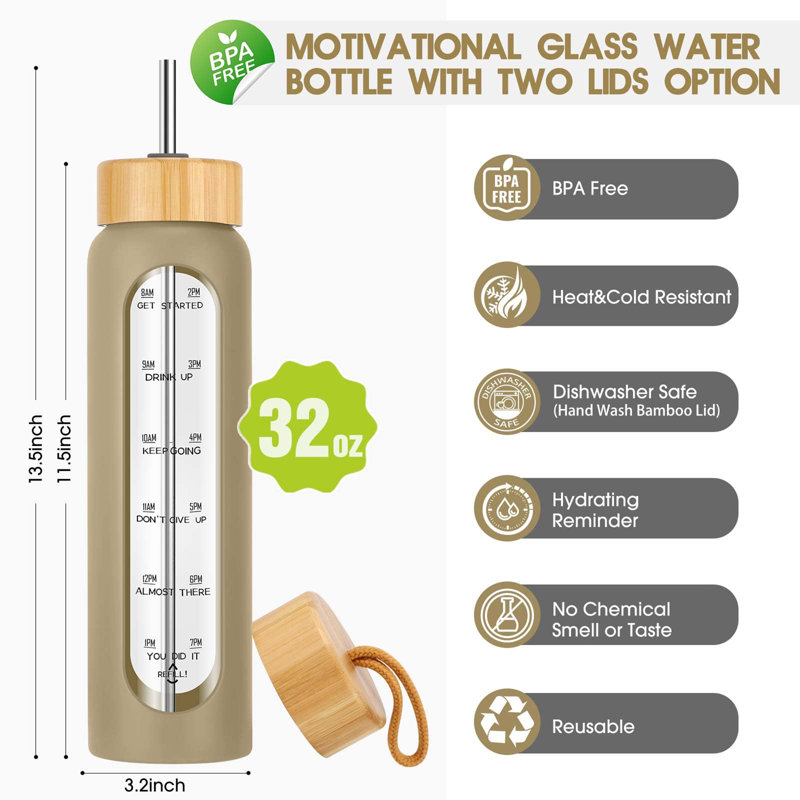 32 oz. LoochMee Bouteille d'eau en verre, Kaki