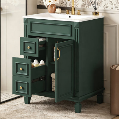 Meuble-lavabo 24 po avec lavabo en céramique, conception compacte, 2 tiroirs, tablette réglable pour les petits espaces