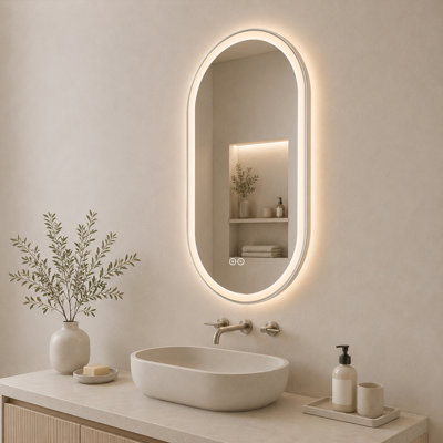 Miroir de salle de bain 48 po x l 30 po ovale givré rétroéclairé à DEL avec antibrouillard et éclairage à 3 couleurs à intensité variable