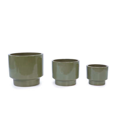 Handmade Solid Glaze Ceramic Planter Set Of 3, 15/12/9 Inch Diameter, For Succulents & Flowers Outdoor Garden & Indoor Staircase Use, Breathable Porous Clay, Earthy Green