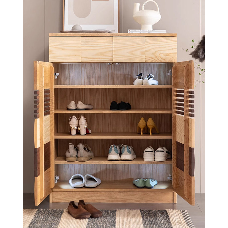 Armoire à chaussures en chêne massif à motif japonais en treillis blanc