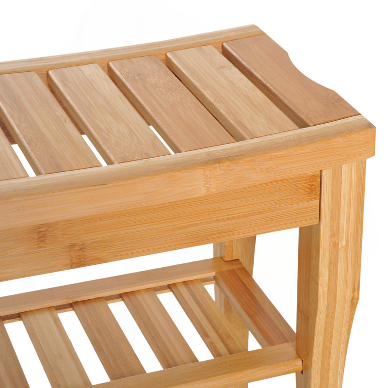 Long Bamboo Shower Bench Seat, 20" Wooden Spa Shower Stool With Underneath Storage Shelf Shoe Organizer