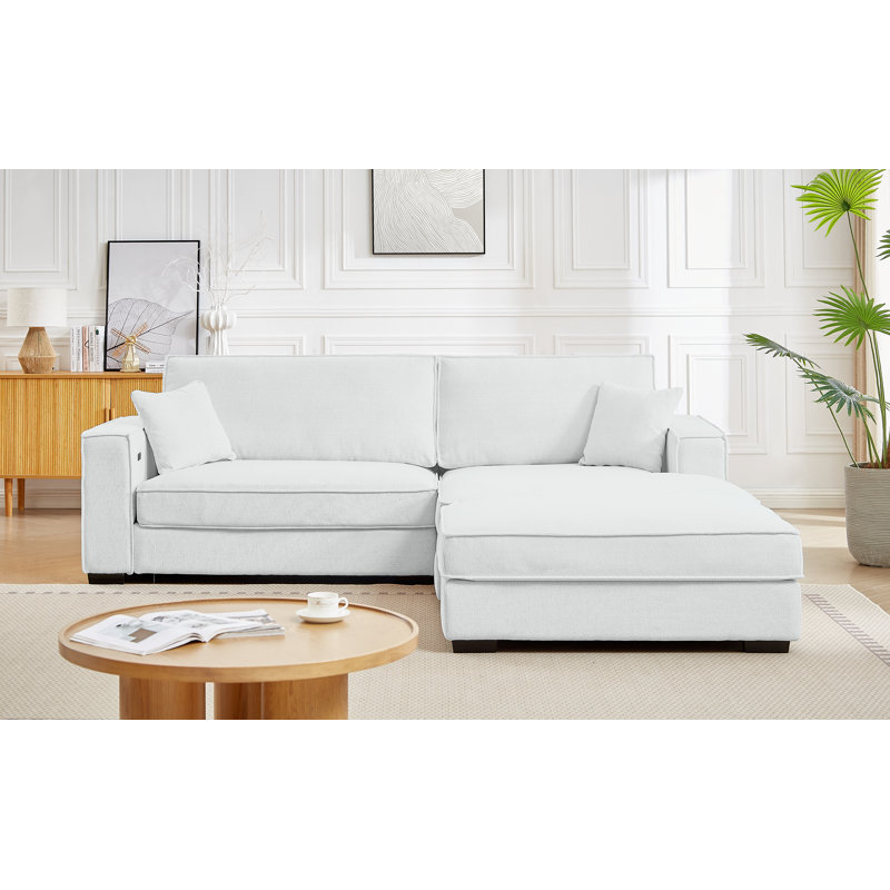 Canapé modulaire à assise large avec repose-pieds Chira, Accoudoir à droite (vu de face), Chenille blanche