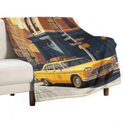 Yellow Taxi Cab On Luxury Flannel Throw Blanket, Soft Warm Fuzzy Blanket for Living Room Sofa Bed Home Decor