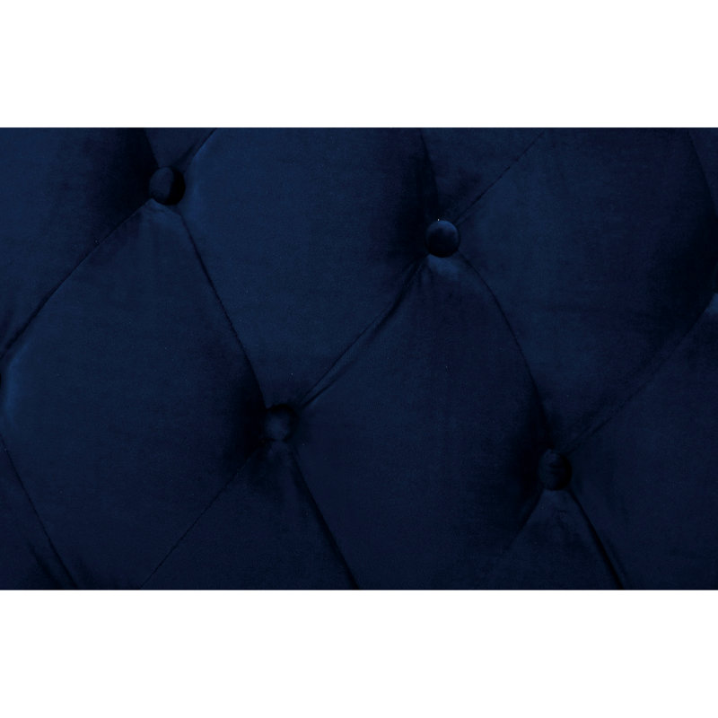 Cadre de grand lit bleu marine, transitionnel et moderne, revêtement en velours, tête de lit à boutons avec surpiqûres en losanges sur la surface extérieure de la tête de lit - comme un tissu, dossier à oreilles, tête de lit, idéal pour la décoration de la chambre à coucher