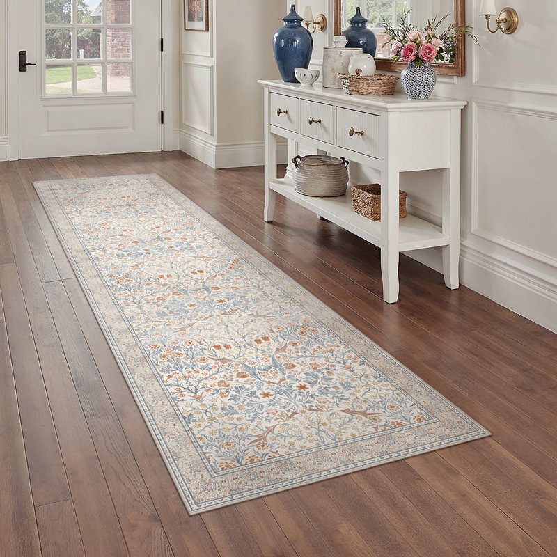  Alora Machine Washable Floral Area Rug With Non-Slip Backing, Runner 2' x 8', Beige, 0.28"