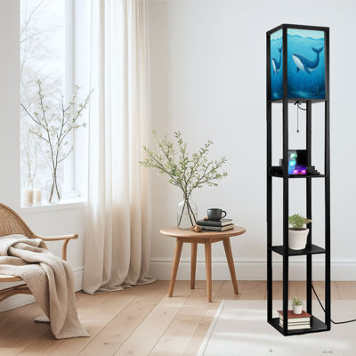 Dimmable LED Standing Floor Lamp Playful Blue Whale Underwater Ocean Scene Seaweed, MDF Frame Floor Lamp with Remote Control, 3 Color Light, for Living Room Bedroom