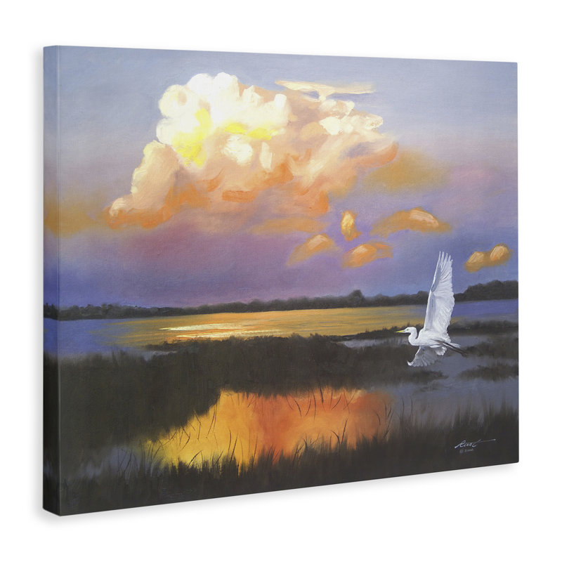 «Egret Over Cloudy Reflection» par D. Rust, H 16 po x l 20 po
