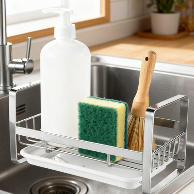 Organisateur de chariot d'évier en acier inoxydable avec plateau d'égouttement amovible, support d'éponge et distributeur de savon pour comptoir de cuisine ou de salle de bain et fixation murale