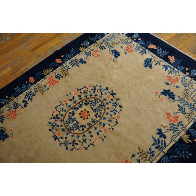 Small Ivory Cream Color Antique Artistic Open Field Floral Medallion Chinese Peking Rug