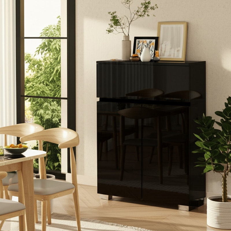 Modern High-Gloss Sideboard Buffet Cabinet, Stylish Kitchen Storage Cabinet With Drawer & Adjustable Shelf, Sleek Coffee Bar Station For Dining Room