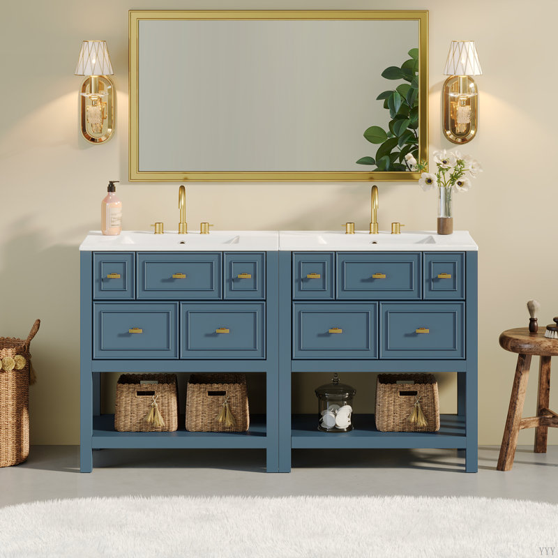 Ensemble de meuble-lavabo simple 60 po avec lavabo en céramique 60 po, Bleu