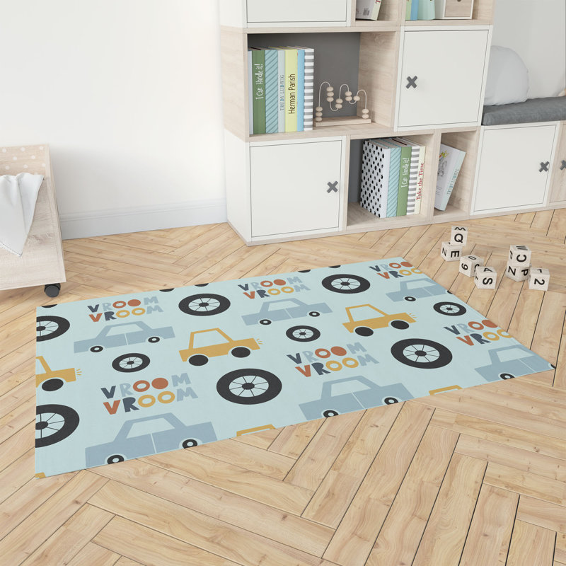 Tapis de jeu pour enfants Vroom, Rectangle 36 po x 60 po, Bleu clair / bleu / or / orange