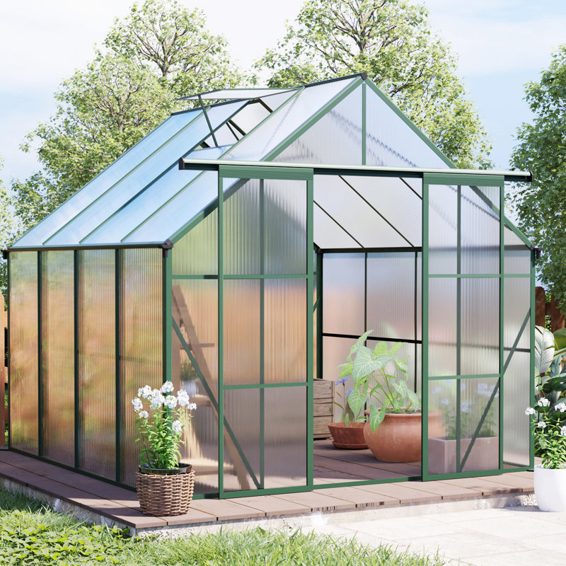 Base surélevée en polycarbonate à double porte de 8 pi x 8 pi et serres en aluminium robuste, Vert
