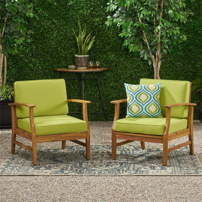 Acacia Wood Club Chairs with Green Cushions, Set of 2