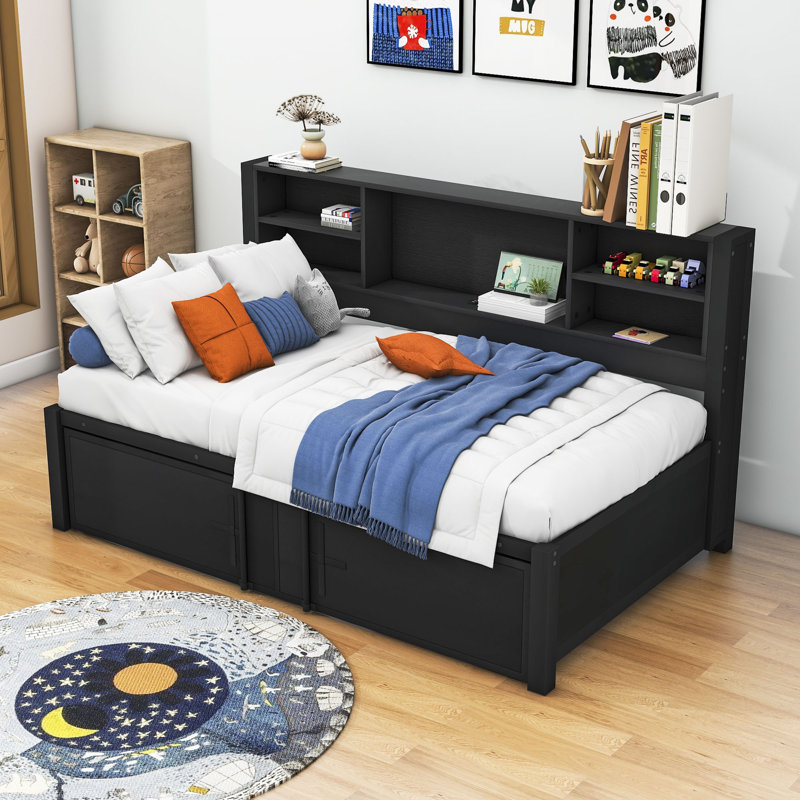 Lit de jour Halbe en métal et bois avec couchette simple, ports USB et tablettes, Black