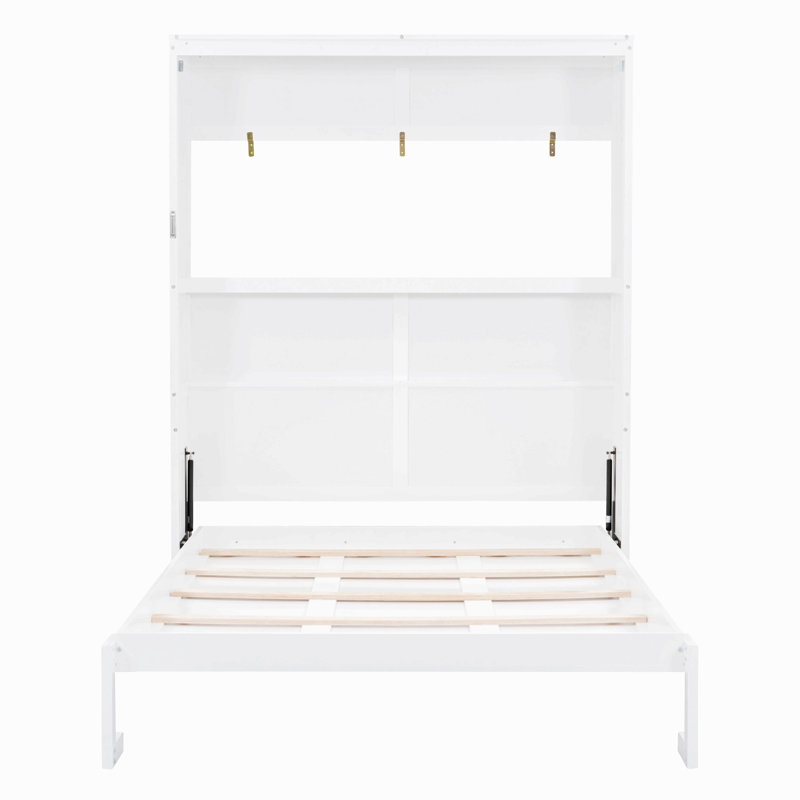 Grand lit escamotable mural avec tablettes, Blanc, Grand lit