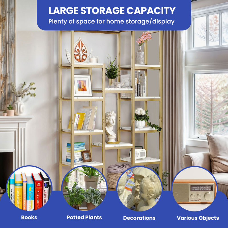6 Tier Gold Geometric Bookcase In Marble Finish With 12 Shelves