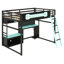 Lit mezzanine double en bois avec bureau, tablettes, lumières DEL, ports USB et panneau perforé, noir et bleu