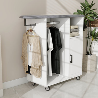 Chariot de repassage blanc E1 avec planche à usages multiples, convenant à la buanderie et à la cuisine, chambre à coucher avec solution de rangement à roulettes élégante et compacte, réglable compact