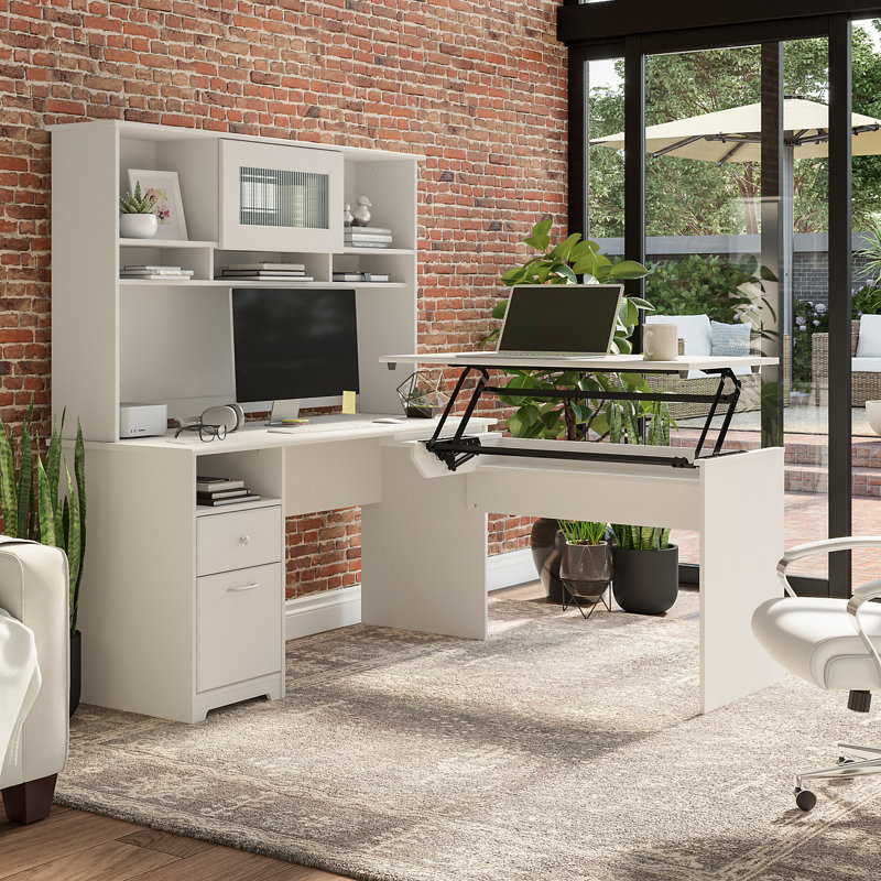 Shelonda Adjustable Height L-Shaped Computer Desk, White, 66.3" H x 59.45" W x 69.17" D