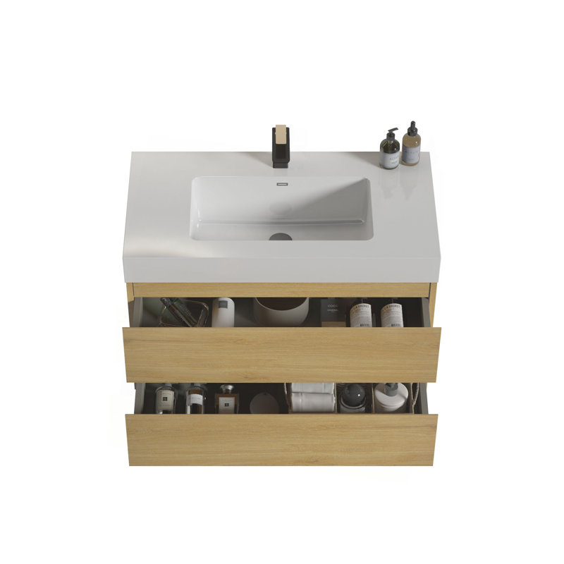 Meuble-lavabo mural 36 po en chêne avec lavabo noir, grand meuble-lavabo flottant mural pour salle de bain moderne, lavabo une pièce noir sans drain, pré-assemblé