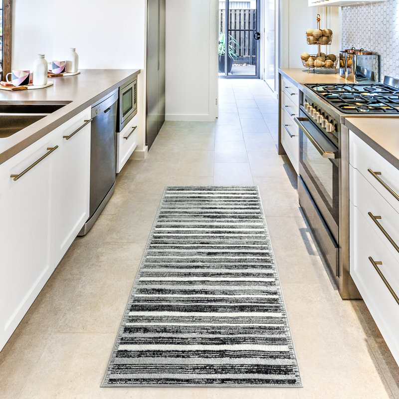 Amla Striped Machine Washable Area Rug in Light Gray/Black, Runner 2'2" x 7'2"