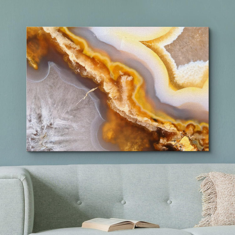 Reproduction d'art sur toile tendue à motif de tranche d'agate abstraite jaune, H 24 po x l 36 po x P 1,5 po, Toile tendue