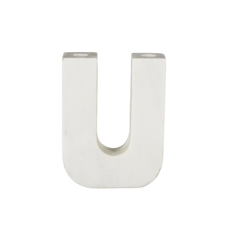 Porte-bougie abstrait en U Etha et marbre gris, Blanc mat, H 8 po x l 6,10 po x P 2,10 po