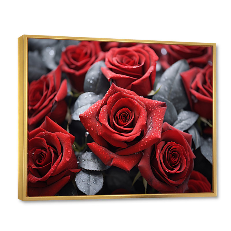 «Red Grey Rose Eernal Beauty - Roses», art mural sur toile, Cadre flottant doré, H 30 po x l 40 po x P 1,5 po