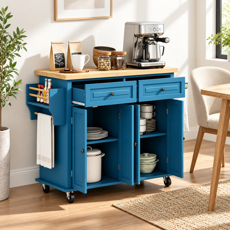 Chariot de cuisine avec deux armoires, tablettes réglables et roulettes pivotantes
