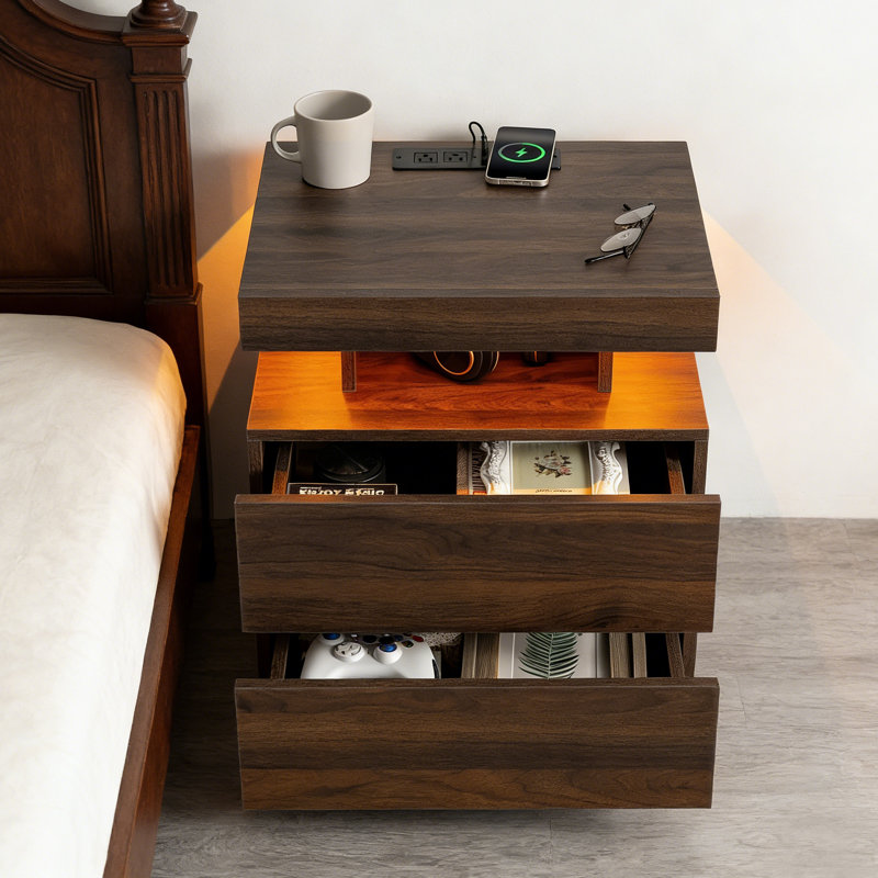 Chappa 2 - Drawer Nightstand with Wireless Charging Station & Smart LED Lights, Walnut