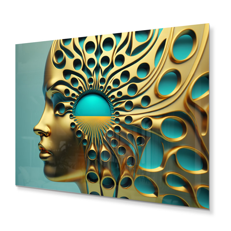 Hanzlah visionnaire or et turquoise déesse III - femme moderne mural en métal - MT81975, H 30 po x l 40 po x P 1 po
