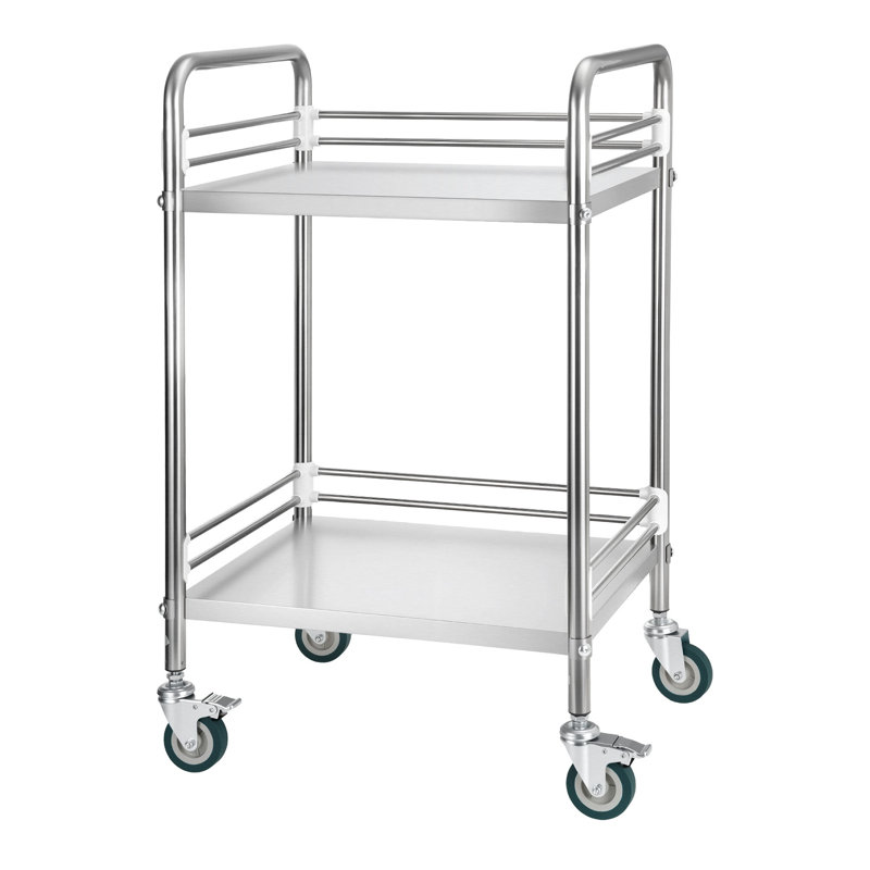Chariot utilitaire roulant à 2 niveaux en acier inoxydable avec roues verrouillables - Chariot de service médical robuste pour hôpital, salon et cuisine