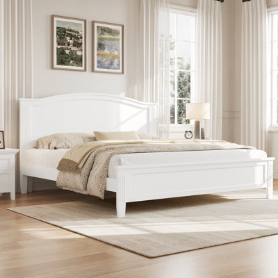 King Size Solid Wood Platform Bed with Headboard and Slat Support, Sturdy Wooden Frame,White