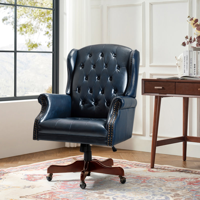 Swain 46.5'' H Traditional  Faux Leather Executive Chair with Solid Wood Base and Tufted Back, Navy Pebbled Faux Leather