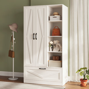 Elborough Wooden Wardrobe With 4 Open Storage Shelves, 70.87" Utility Storage Cabinet Armoire