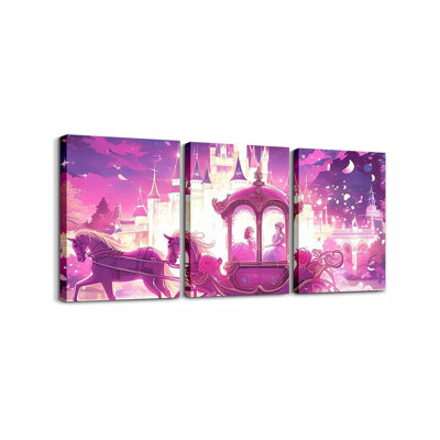 Kids Princess Carriage Picture Wall Decor Castle Canvas Wall Art For Bedroom Pink Fariy Tale 3 PCS Wall Painting Boys Girls Cute Rainbow Wall Prints 12X16 Inch 3 Piece