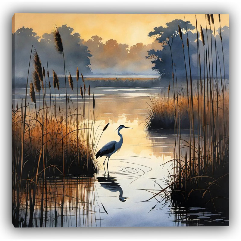 Marshlight Stillness Heron au coucher du soleil, H 40 po x l 40 po