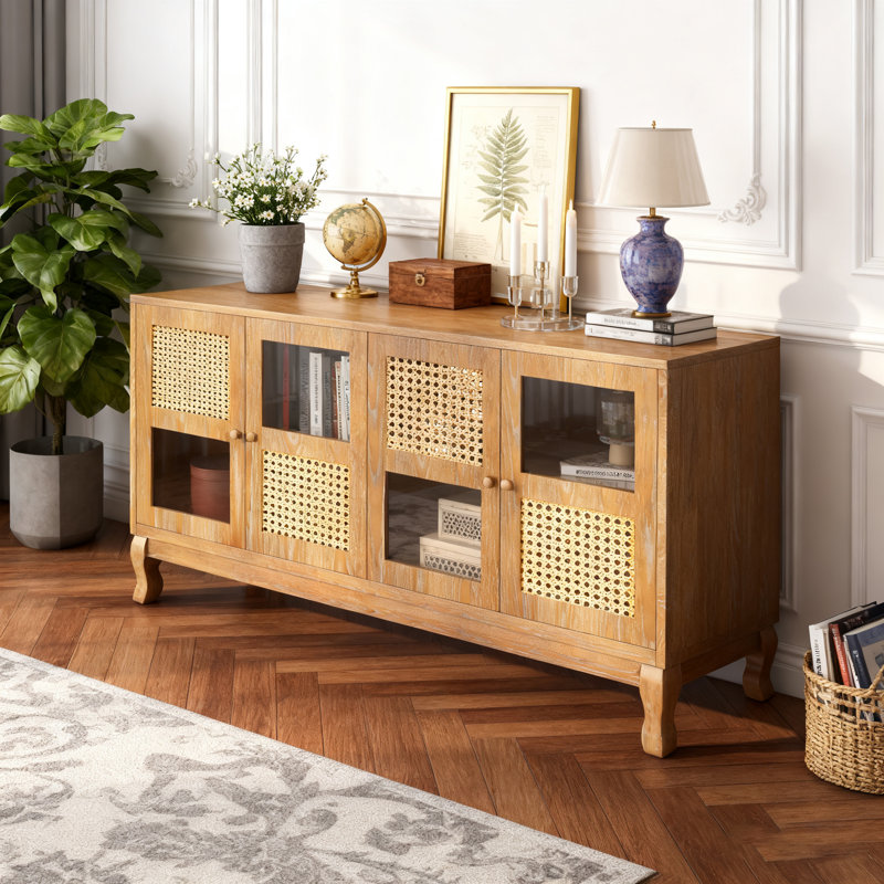 Buffet rétro à 4 portes avec cannes tissées et façades en verre, armoire de rangement décorative pour la salle à manger, le salon et le vestibule
