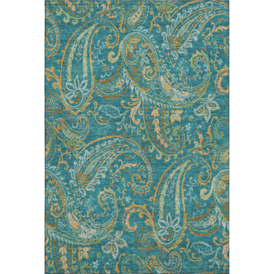 9' X 12' Teal Green And Gold Paisley Distressed Washable Area Rug With UV Protection