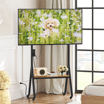 Meuble télé mobile à roulettes avec station de charge, support pour télé mobile avec tablette de rangement